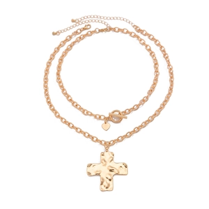 Gouden barokke gelaagde ketting met kruis- en hart hanger en trendy OT-sluiting ring