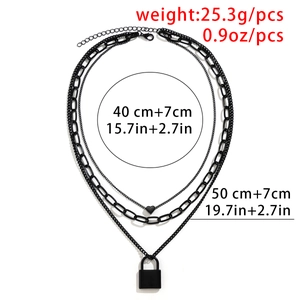 Detailed size chart for black layered punk necklace with heart and lock charms