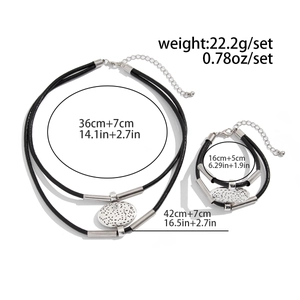 Detailed size specifications of black wax cord layered necklace set with silver pendants