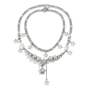 Chic silver layered star pendant necklace with faux pearls and toggle clasp