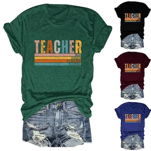 T-Shirt Femme Col Rond Manches Courtes Mélange Coton Imprimé Enseignant Vintage Rétro Haut Décontracté
