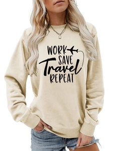 Detail of beige crewneck sweatshirt with Work Save Travel Repeat print and plane graphic