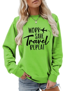Detail of neon green sweatshirt with black Work Save Travel Repeat print and ribbed cuffs