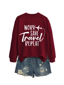 Burgundy crewneck sweatshirt with Work Save Travel print and distressed denim shorts