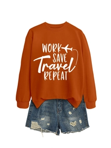 Casual orange WORK SAVE TRAVEL sweatshirt paired with distressed denim shorts
