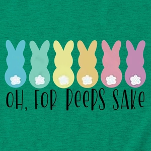 Detail of colorful bunny silhouettes and Oh For Peeps Sake slogan on green cotton T-shirt
