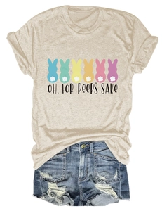 Close-up of cute pastel rabbits and 'OH, FOR PEEPS SAKE' print on a sand cotton t-shirt