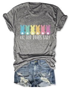 Flat lay of gray T-shirt with Peeps rabbits and distressed denim shorts for summer