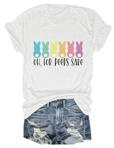 Detail of the colorful bunny prints and distressed denim texture of this summer set