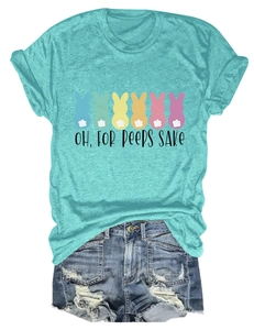 Detail of the teal Easter bunny graphic T-shirt with vintage distressed denim shorts
