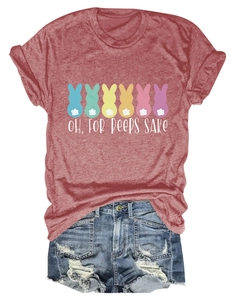 Detail of Easter T-shirt with six colorful bunnies and Oh For Peeps Sake graphic text