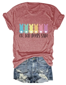 Detail of bunny graphic on cotton t-shirt with ripped denim shorts summer outfit set