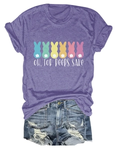 Detail of purple Peeps Sake t-shirt with colorful bunnies and denim shorts outfit