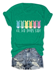 Detail of cute Easter bunny print and Oh For Peeps Sake text on green cotton t-shirt