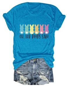 Close-up of Easter rabbit print and Oh For Peeps Sake text on blue cotton T-shirt