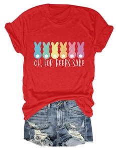 Detailed view of red t-shirt with colorful Easter bunnies and Oh For Peeps Sake text