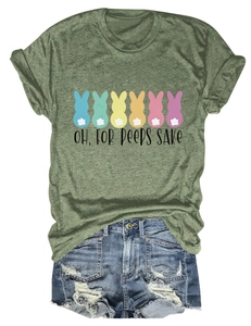Detail view of Oh For Peeps Sake Easter bunny print on olive green t-shirt with denim shorts