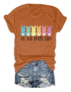 Flat lay view of a rust orange T-shirt with bunny graphic and denim shorts on white background