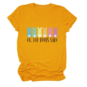 Detail of Easter bunny graphic print on yellow cotton crew neck short sleeve T-shirt