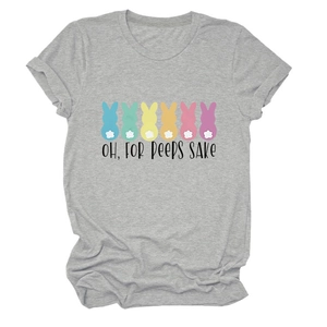 Close-up of colorful Peeps bunny graphics and text on a grey crewneck t-shirt