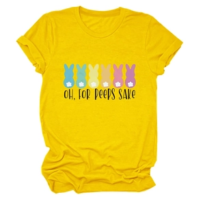 Detailed view of colorful bunny graphics and Oh For Peeps Sake text on yellow tee