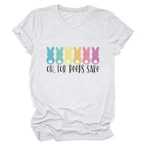Detail of colorful Peeps bunny print and Oh For Peeps Sake text on white T-shirt