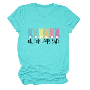 Close-up of Oh For Peeps Sake text and colorful bunny silhouette print on teal t-shirt