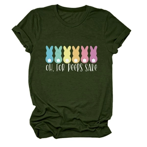 Close-up of rolled sleeves and Easter bunny print on olive green cotton T-shirt