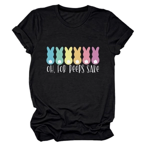Close-up of the colorful Easter bunny silhouettes and logo print on black cotton T-shirt