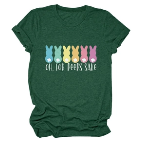 Detail of dark green t-shirt with colorful bunny prints and 'OH FOR PEEPS SAKE' text
