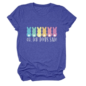 Detail of colorful Easter bunnies and Peeps Sake text on purple cotton T-shirt