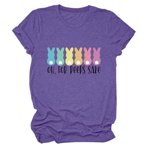 Detail of soft purple cotton t-shirt featuring colorful bunnies and peeps sake text print