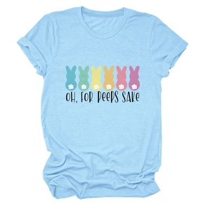 Detail view of light blue Easter T-shirt with six colorful bunnies and slogan print