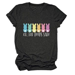 Close-up of Oh For Peeps Sake Easter bunny print on a dark gray crewneck t-shirt