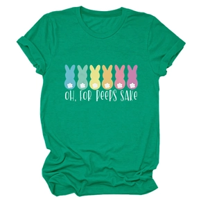Detail of green Easter t-shirt featuring colorful bunnies and Oh For Peeps Sake text