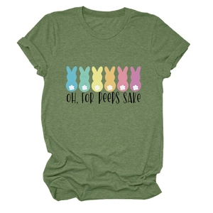 Close-up of Oh For Peeps Sake text and colorful bunny prints on green cotton t-shirt