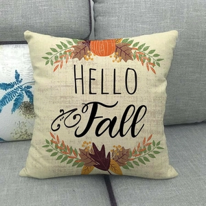 Linen autumn throw pillow cover with pumpkin and HELLO Fall print for fall decor