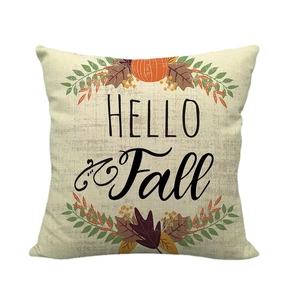 Linen autumn throw pillow cover featuring HELLO Fall text with pumpkin and maple leaf patterns