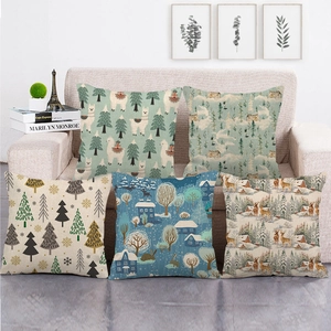Christmas Deer Pine Tree Decorative Linen Cushion Cover Animal Plant Printed Square Pillowcase For Sofa Home Decor