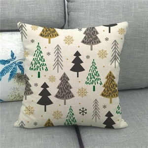 Linen Christmas pillowcase with cartoon pine trees and reindeer in Nordic forest style