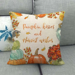 Linen Fall pumpkin pillow cover with Happy Harvest wishes for autumn home decor