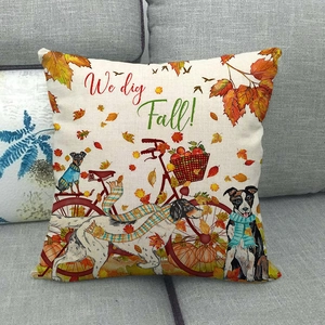 Linen decorative pillow cover featuring Happy Fall dog illustration on sofa
