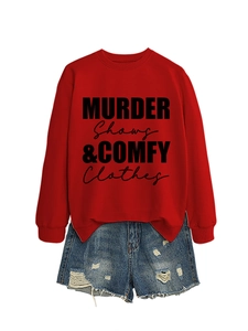 Flat lay of red sweatshirt with Murder Shows print and ripped blue denim shorts set