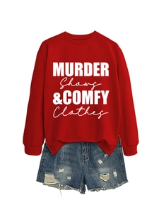 Red crewneck sweatshirt with 'MURDER SHOWS' text and distressed denim shorts set