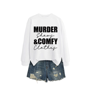 White long sleeve sweatshirt with Murder Shows print and frayed denim shorts set