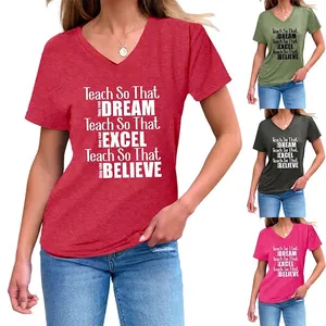 T-Shirt Femme Col En V Manches Courtes Imprimé Lettres Inspirantes Enseignant Tee Graphique Décontracté Ourlet Noué Mélange De Coton