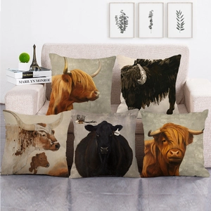 Highland Cow Bull Animal Oil Painting Print Linen Decorative Pillowcase Retro Nordic Style Square Cushion Cover For Sofa Home Decor
