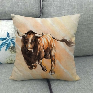 Square pillow cover featuring a dynamic running brown bull illustration on grey fabric