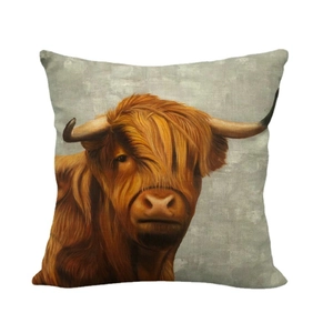 Square cushion cover with Scottish Highland Cow oil painting print on textured fabric