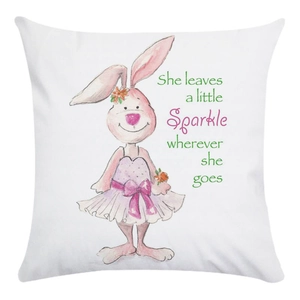 Detail of soft white pillowcase featuring a watercolor rabbit and sparkle quote print